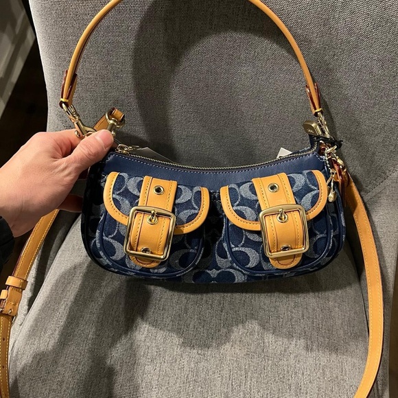 Coach Navy and Tan Buckle Shoulder Bag - Picture 1 of 6